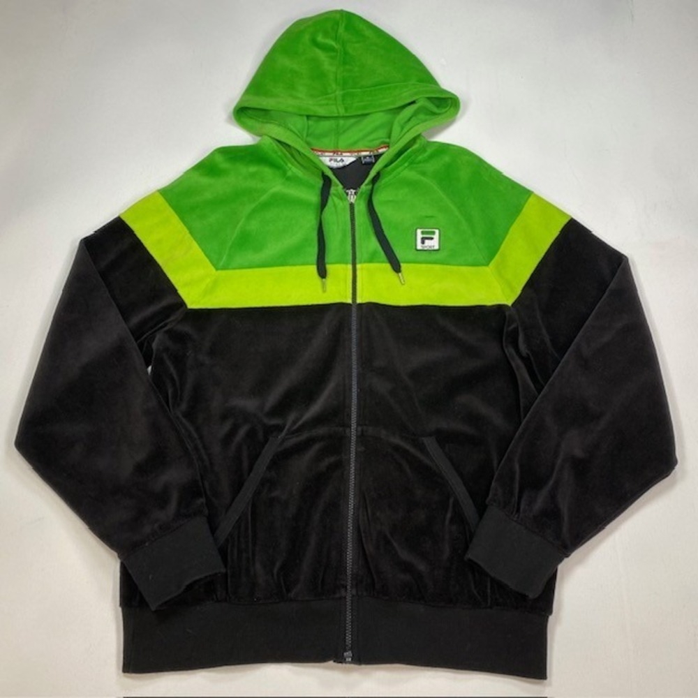 Fila Sport Mens Velour Full Zip Hoodie Black Green Colorblock Medium RN 73277